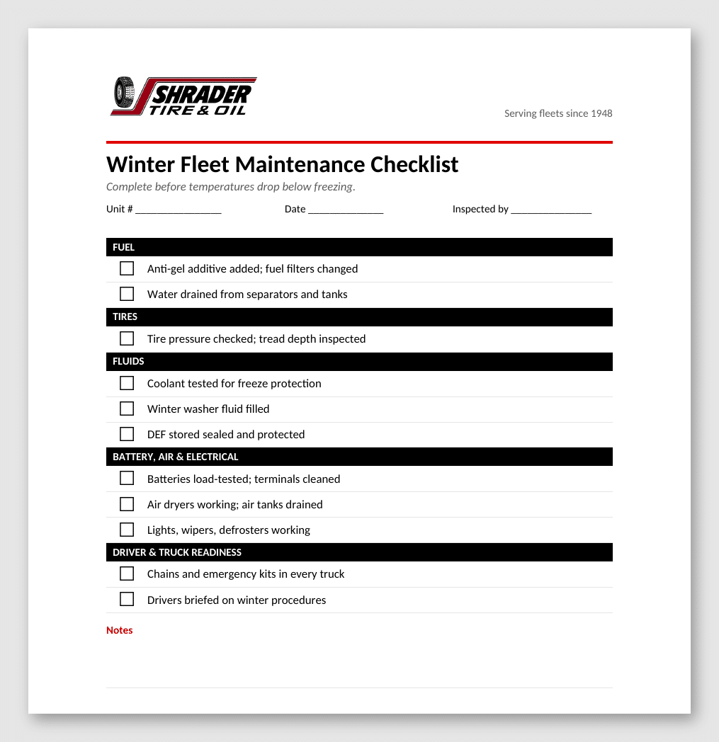 Shrader Tire & Oil winter fleet maintenance checklist PDF preview