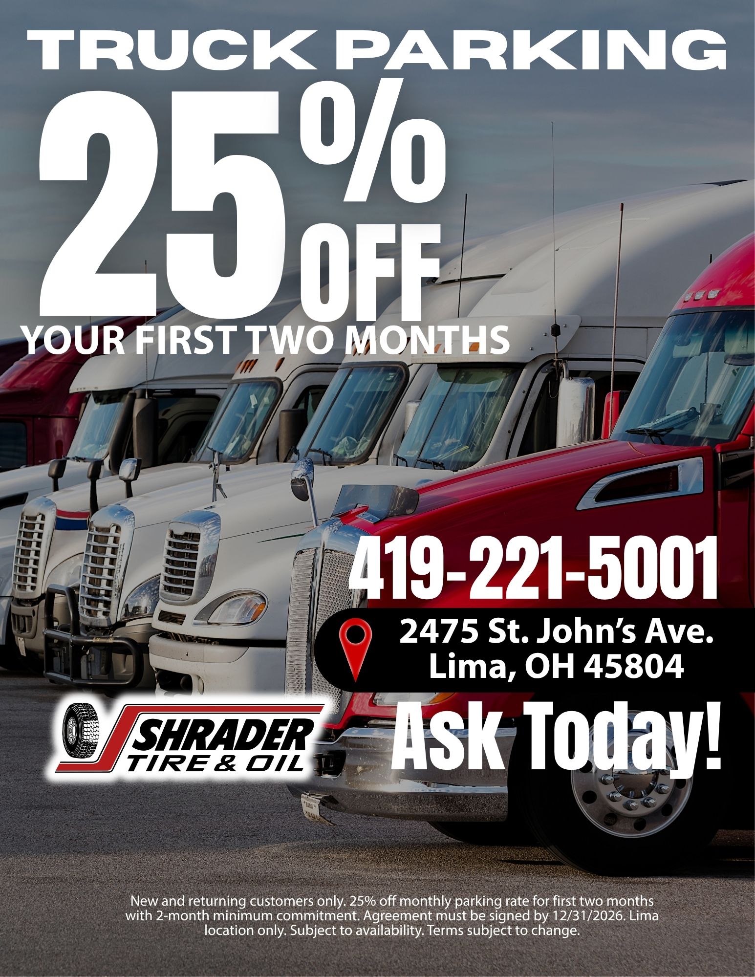 Flyer: 25% off first two months of truck parking at Shrader Tire & Oil in Lima, Ohio. Sign by Dec. 31, 2026.